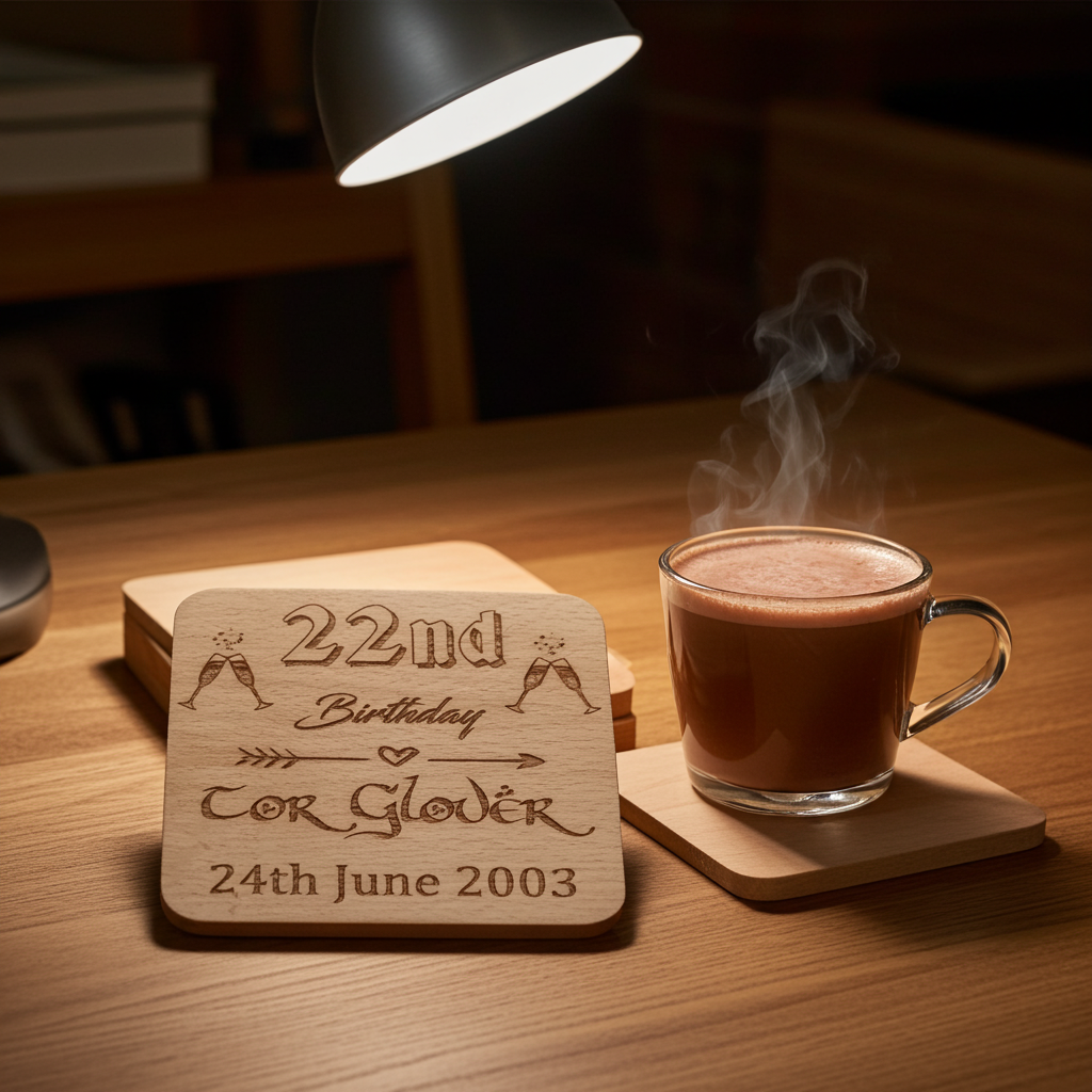 Set of 6 Personalise Your Own, Birthday, Drink Coasters. Steamed Beech Wood. Any Font. With Bumper Feet.