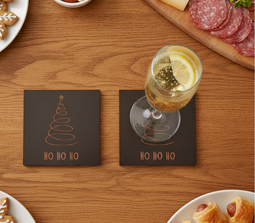 Set of 6 Stylish Black Wood Christmas Coasters, Festive Scenes | 9.5cm Square Drink Mats with Bumper Feet.