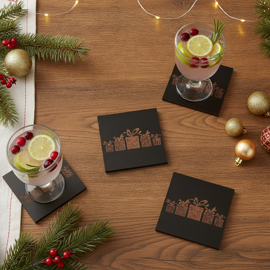 Set of 6 Stylish Black Wood Christmas Coasters, Festive Scenes | 9.5cm Square Drink Mats with Bumper Feet.