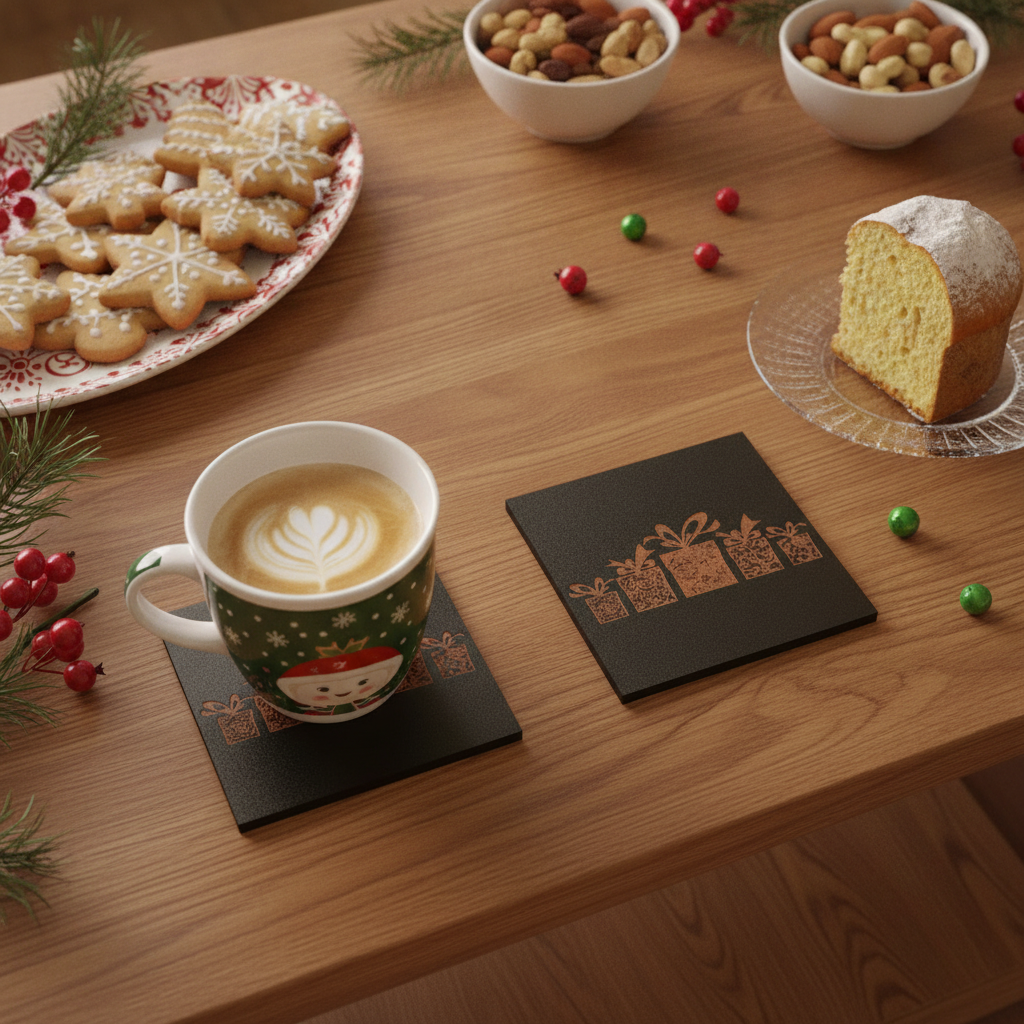 Set of 6 Stylish Black Wood Christmas Coasters, Festive Scenes | 9.5cm Square Drink Mats with Bumper Feet.