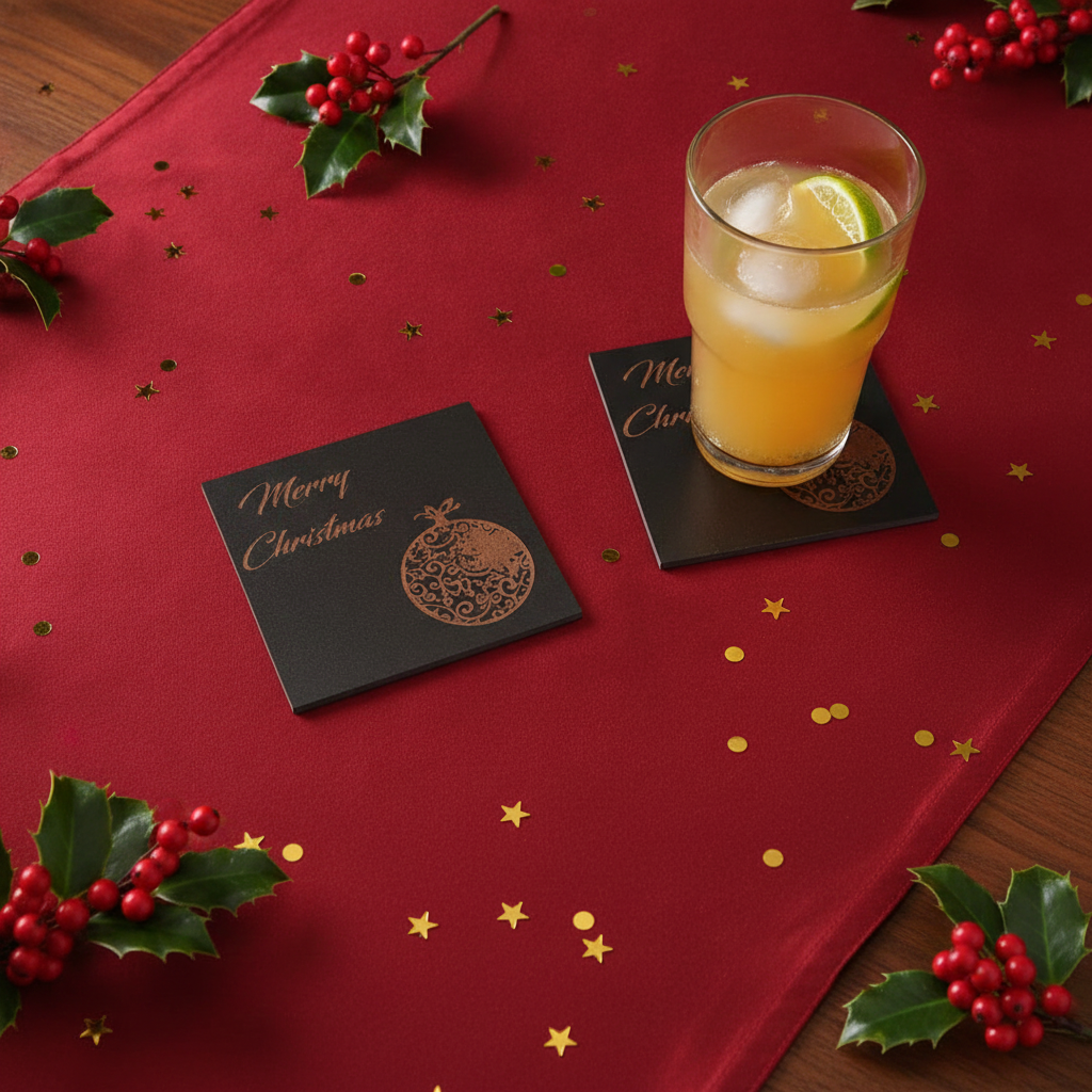 Set of 6 Stylish Black Wood Christmas Coasters, Festive Scenes | 9.5cm Square Drink Mats with Bumper Feet.