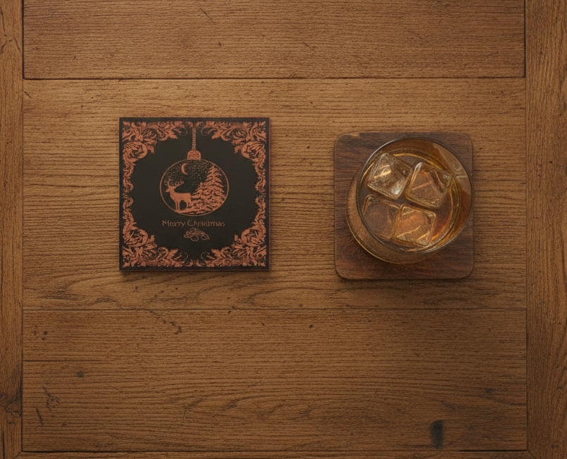Set of 6 Stylish Black Wood Christmas Coasters, Festive Scenes | 9.5cm Square Drink Mats with Bumper Feet.