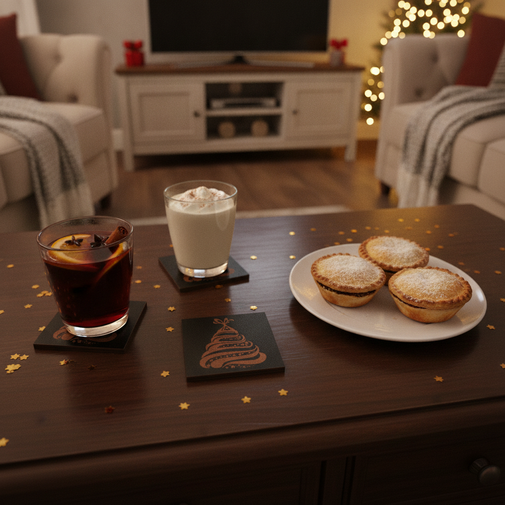 Set of 6 Stylish Black Wood Christmas Coasters, Festive Scenes | 9.5cm Square Drink Mats with Bumper Feet.