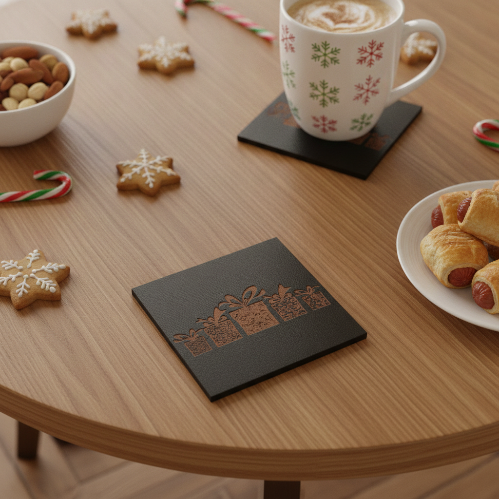 Set of 6 Stylish Black Wood Christmas Coasters, Festive Scenes | 9.5cm Square Drink Mats with Bumper Feet.