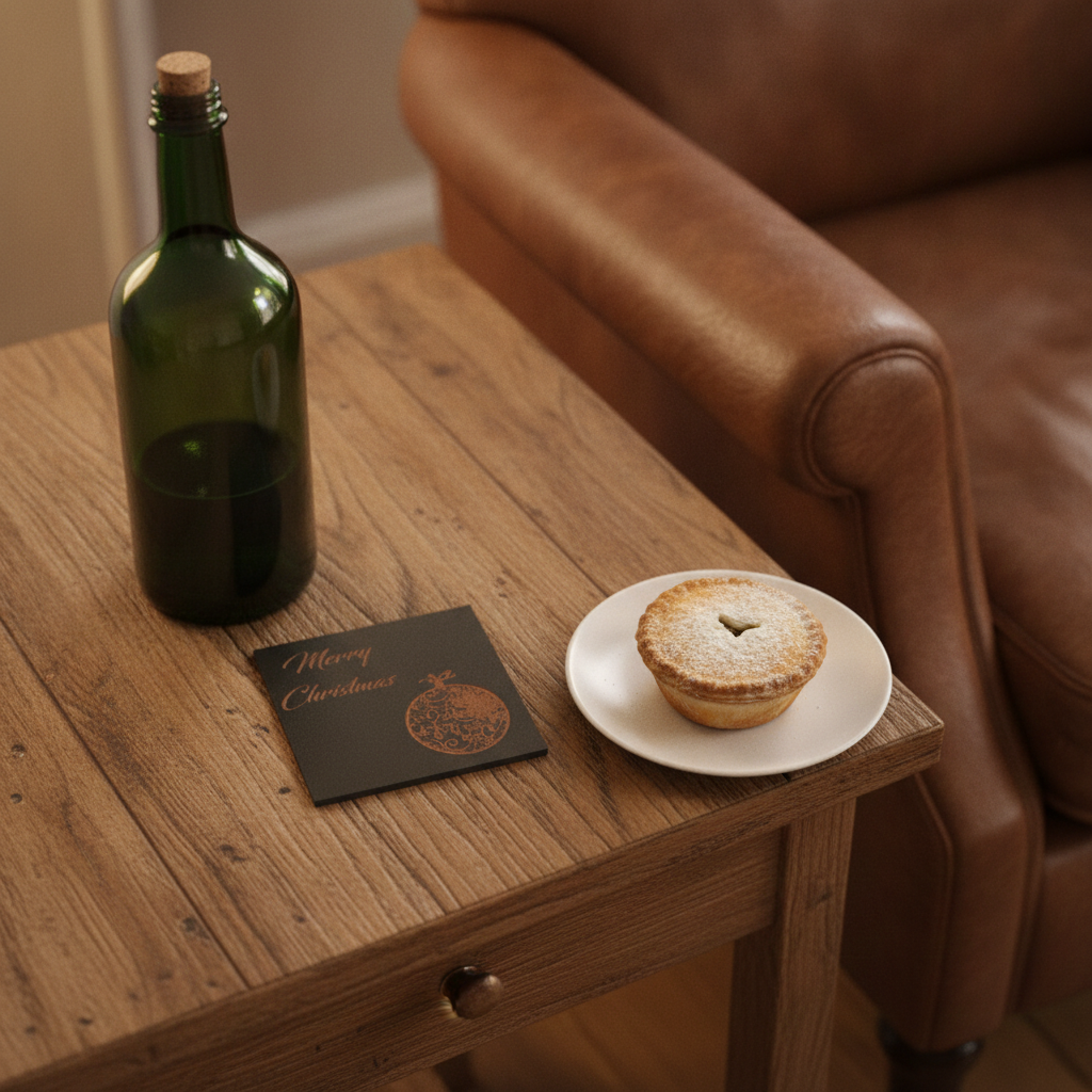 Set of 6 Stylish Black Wood Christmas Coasters, Festive Scenes | 9.5cm Square Drink Mats with Bumper Feet.