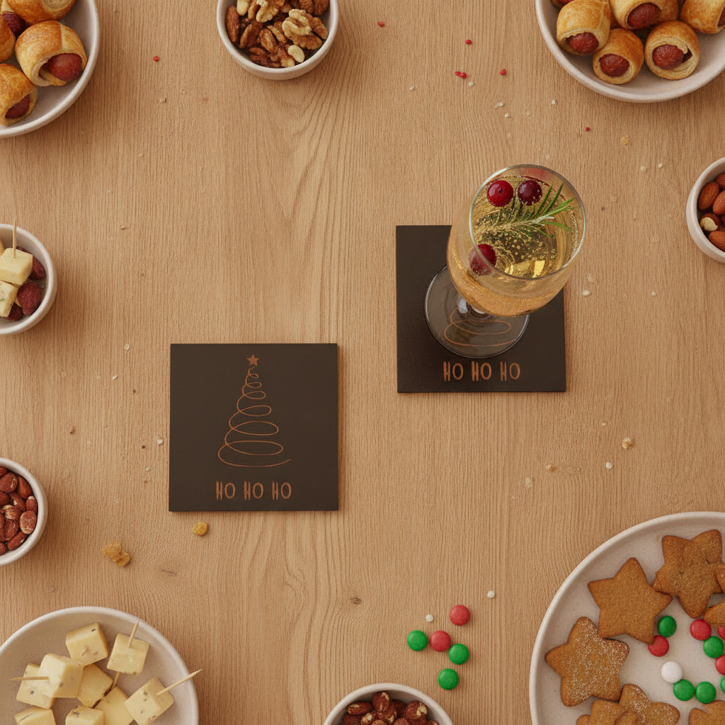 Set of 6 Stylish Black Wood Christmas Coasters, Festive Scenes | 9.5cm Square Drink Mats with Bumper Feet.