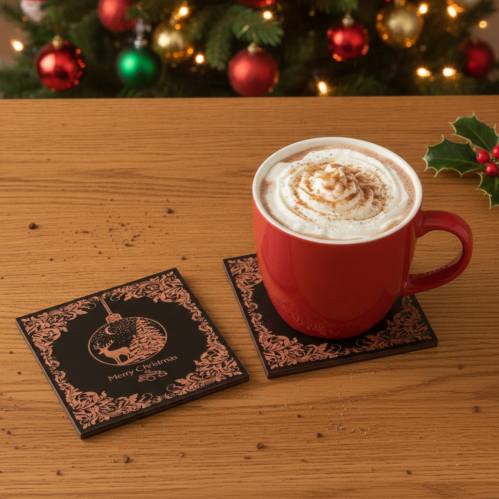 Set of 6 Stylish Black Wood Christmas Coasters, Festive Scenes | 9.5cm Square Drink Mats with Bumper Feet.