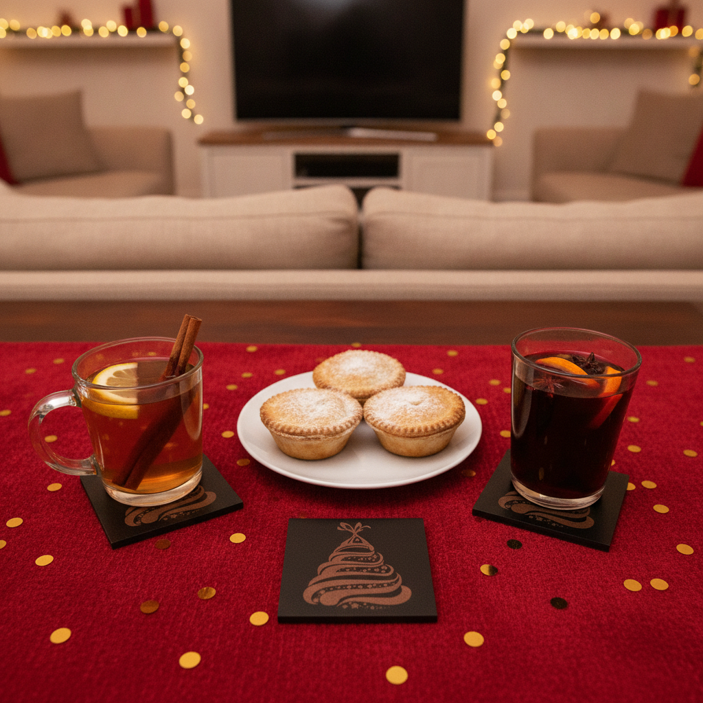 Set of 6 Stylish Black Wood Christmas Coasters, Festive Scenes | 9.5cm Square Drink Mats with Bumper Feet.