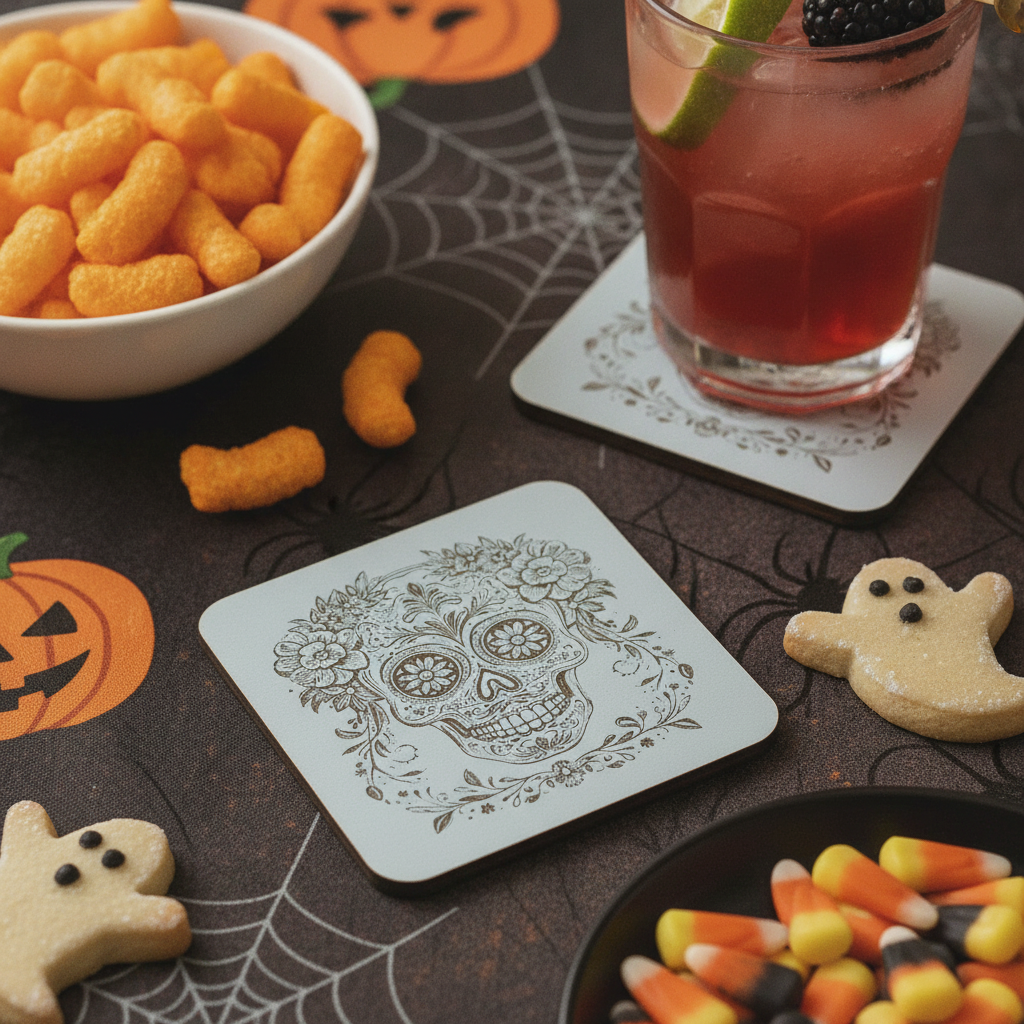 Set of 6, Day of the Dead Wooden Coasters. White Mexican Skull Drink Coaster, Halloween Table Décor, Gothic Home Accessories, Bumper Feet.