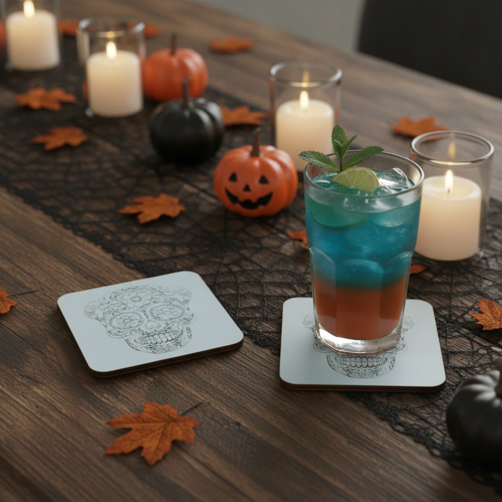 Set of 6, Day of the Dead Wooden Coasters. White Mexican Skull Drink Coaster, Halloween Table Décor, Gothic Home Accessories, Bumper Feet.