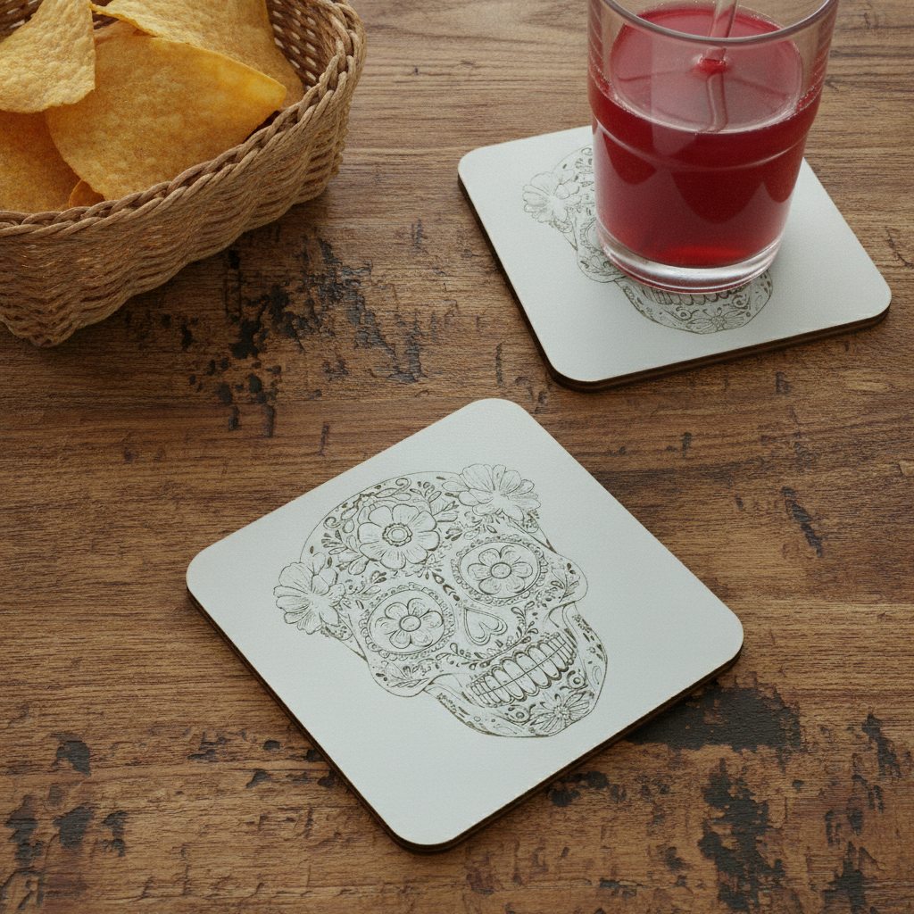 Set of 6, Day of the Dead Wooden Coasters. White Mexican Skull Drink Coaster, Halloween Table Décor, Gothic Home Accessories, Bumper Feet.