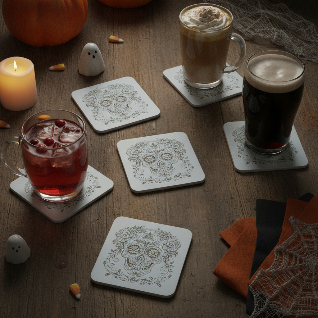 Set of 6, Day of the Dead Wooden Coasters. White Mexican Skull Drink Coaster, Halloween Table Décor, Gothic Home Accessories, Bumper Feet.
