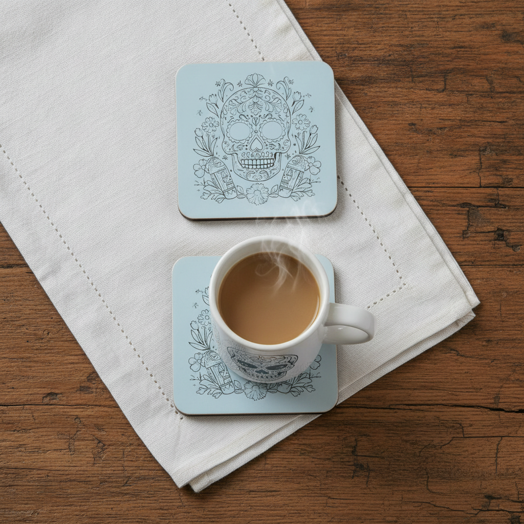 Set of 6, Day of the Dead Wooden Coasters. White Mexican Skull Drink Coaster, Halloween Table Décor, Gothic Home Accessories, Bumper Feet.