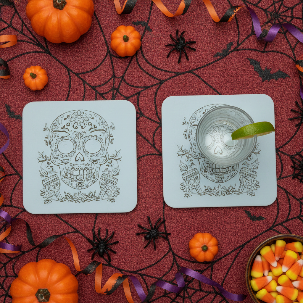 Set of 6, Day of the Dead Wooden Coasters. White Mexican Skull Drink Coaster, Halloween Table Décor, Gothic Home Accessories, Bumper Feet.