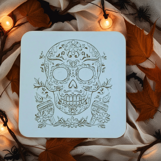 Set of 6 White Topped Wood, Mexican Decorated Skulls Macabre / Halloween Drink Coasters with Bumper Feet.