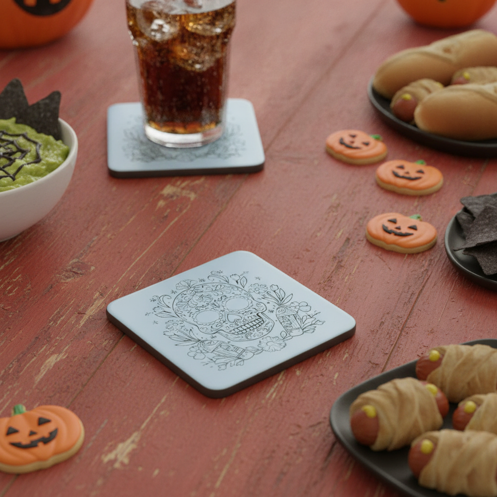 Set of 6, Day of the Dead Wooden Coasters. White Mexican Skull Drink Coaster, Halloween Table Décor, Gothic Home Accessories, Bumper Feet.
