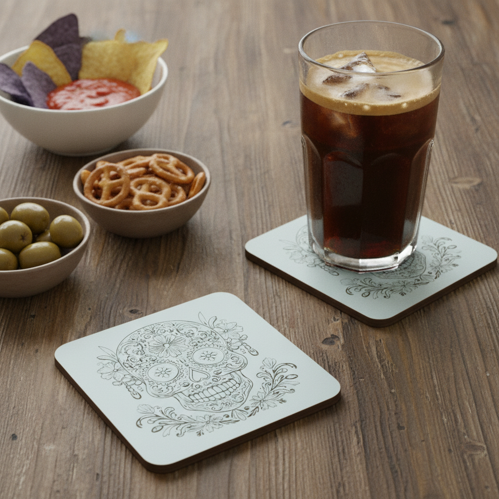 Set of 6, Day of the Dead Wooden Coasters. White Mexican Skull Drink Coaster, Halloween Table Décor, Gothic Home Accessories, Bumper Feet.