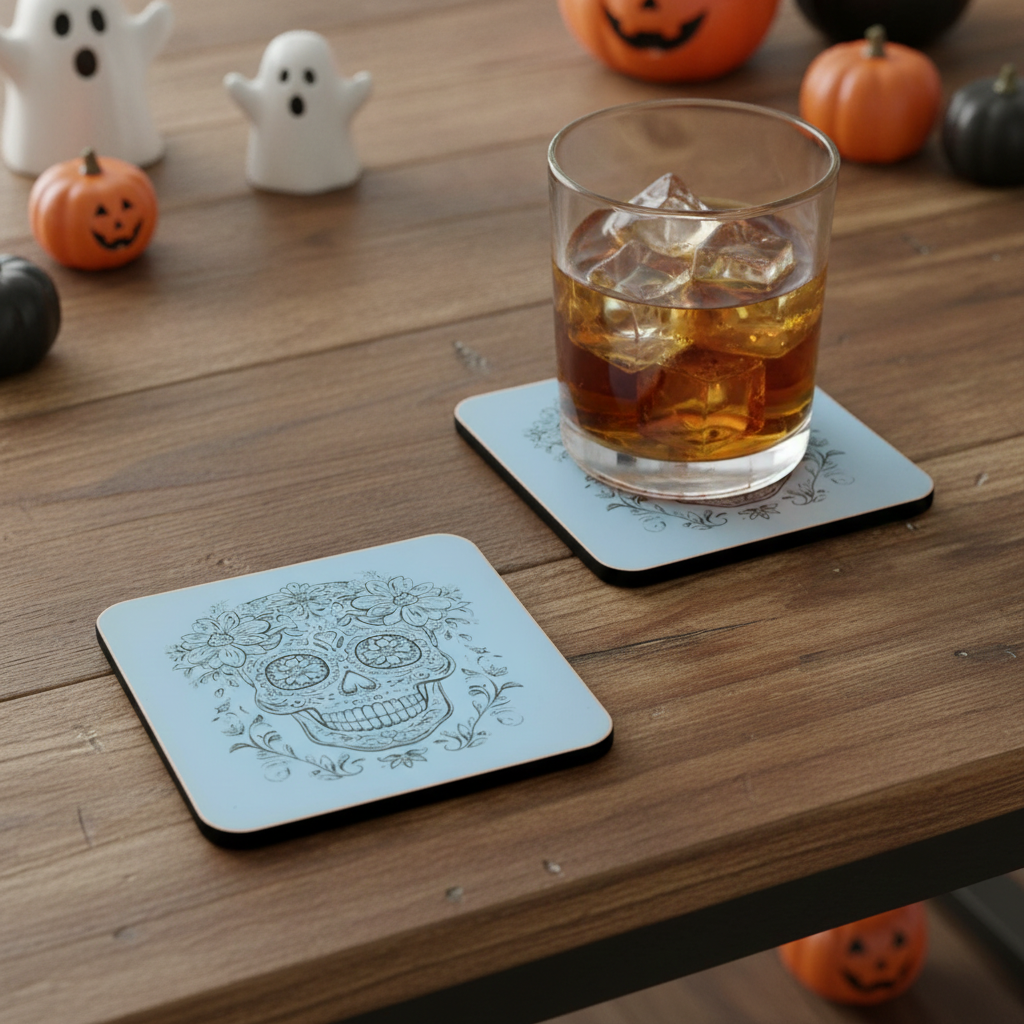 Set of 6, Day of the Dead Wooden Coasters. White Mexican Skull Drink Coaster, Halloween Table Décor, Gothic Home Accessories, Bumper Feet.