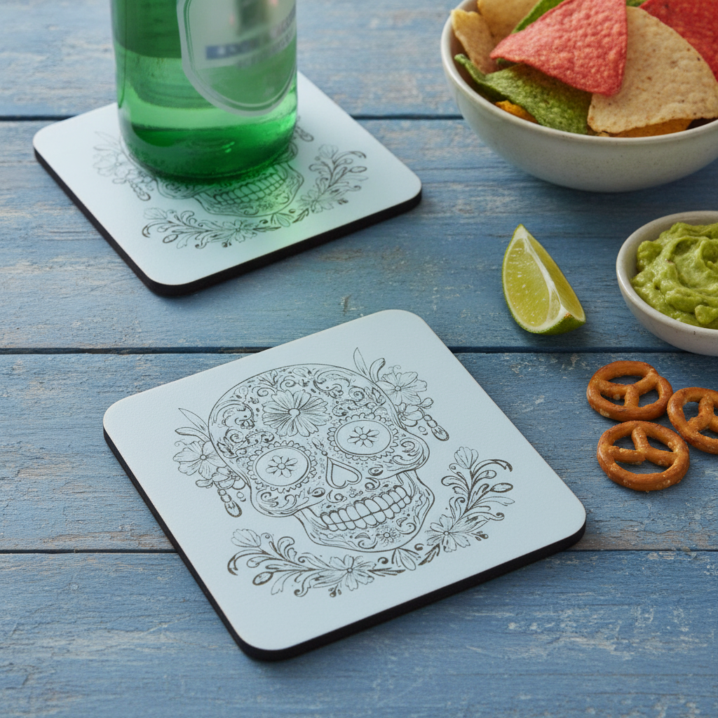Set of 6, Day of the Dead Wooden Coasters. White Mexican Skull Drink Coaster, Halloween Table Décor, Gothic Home Accessories, Bumper Feet.