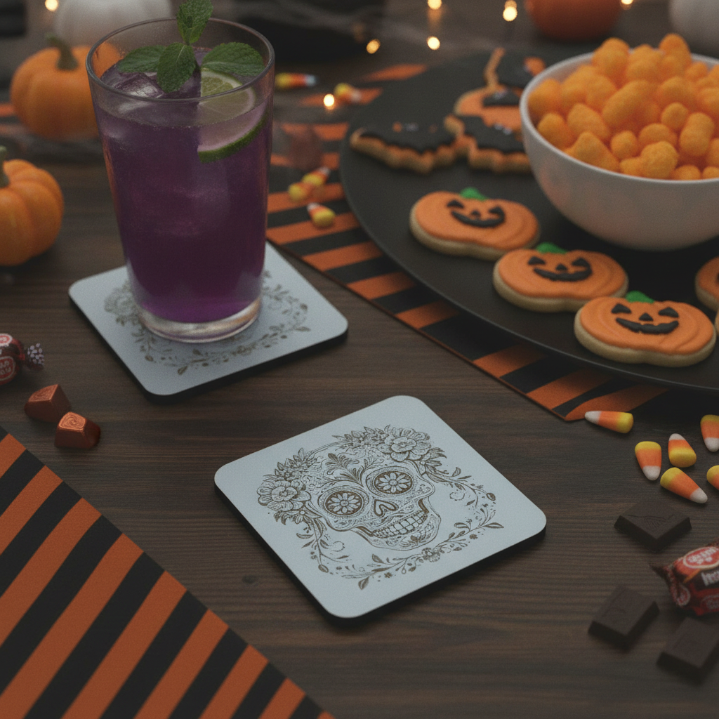 Set of 6, Day of the Dead Wooden Coasters. White Mexican Skull Drink Coaster, Halloween Table Décor, Gothic Home Accessories, Bumper Feet.