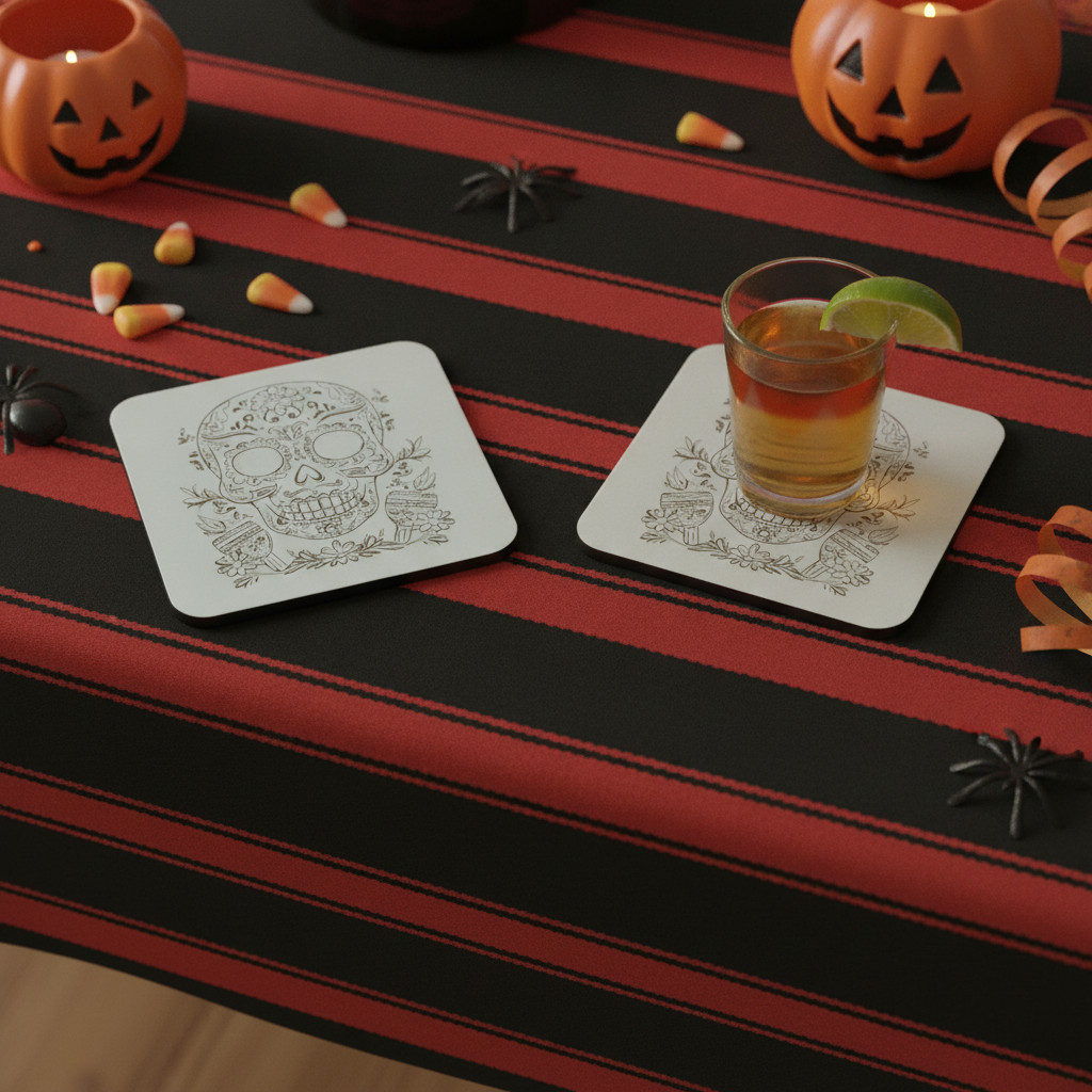 Set of 6, Day of the Dead Wooden Coasters. White Mexican Skull Drink Coaster, Halloween Table Décor, Gothic Home Accessories, Bumper Feet.