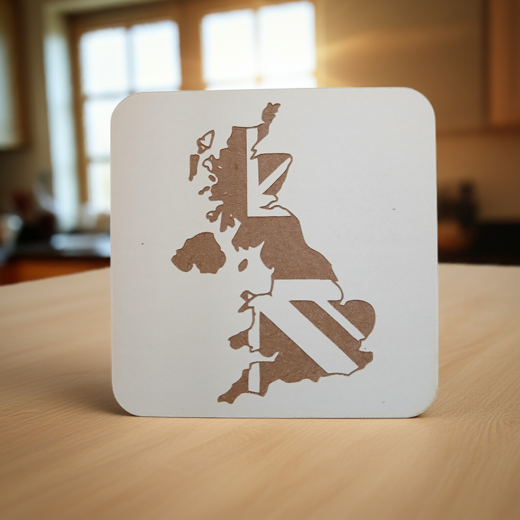 Set of 6 White Wood, Great Britain Theme Collection, Drink Coasters with Bumper Feet. 9.5CM X 9.5CM.