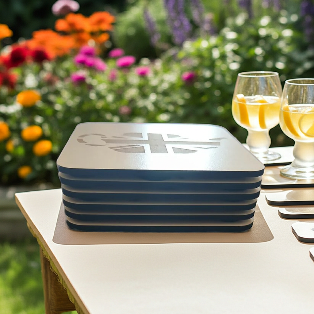 Set of 6 White Wood, Great Britain Theme Collection, Drink Coasters with Bumper Feet. 9.5CM X 9.5CM.