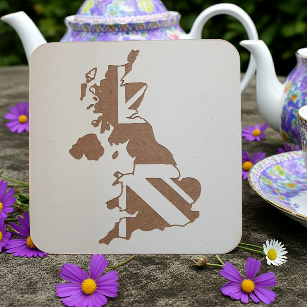 Set of 6 White Wood, Great Britain Theme Collection, Drink Coasters with Bumper Feet. 9.5CM X 9.5CM.