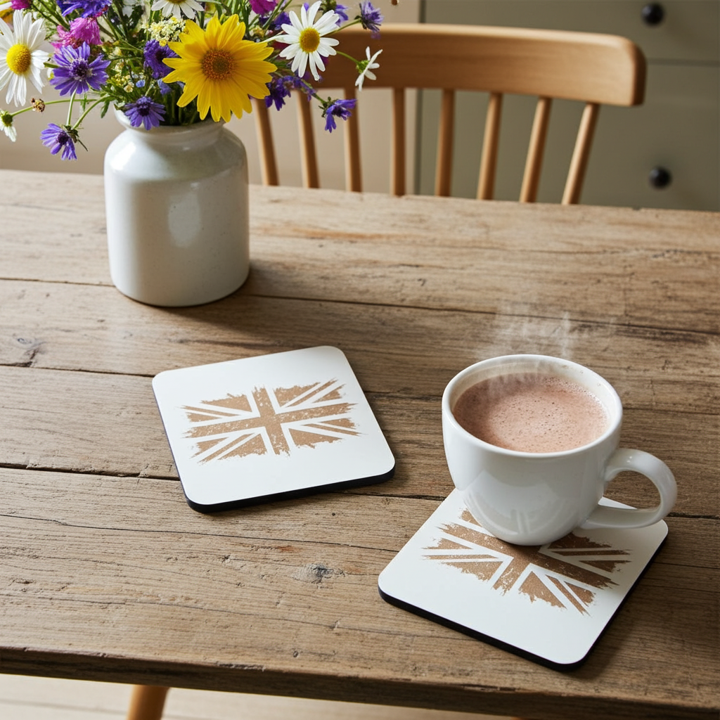 Set of 6 White Wood, Great Britain Theme Collection, Drink Coasters with Bumper Feet. 9.5CM X 9.5CM.