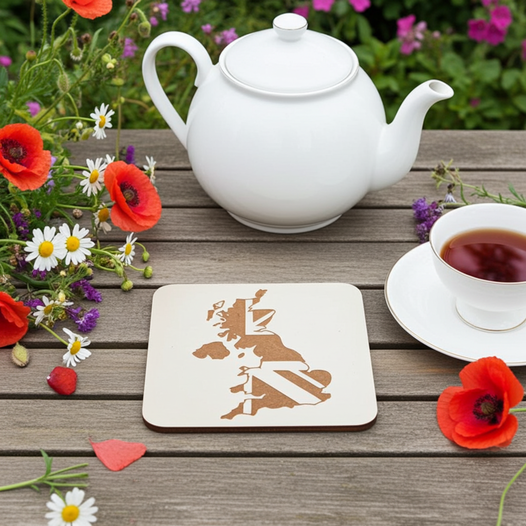 Set of 6 White Wood, Great Britain Theme Collection, Drink Coasters with Bumper Feet. 9.5CM X 9.5CM.