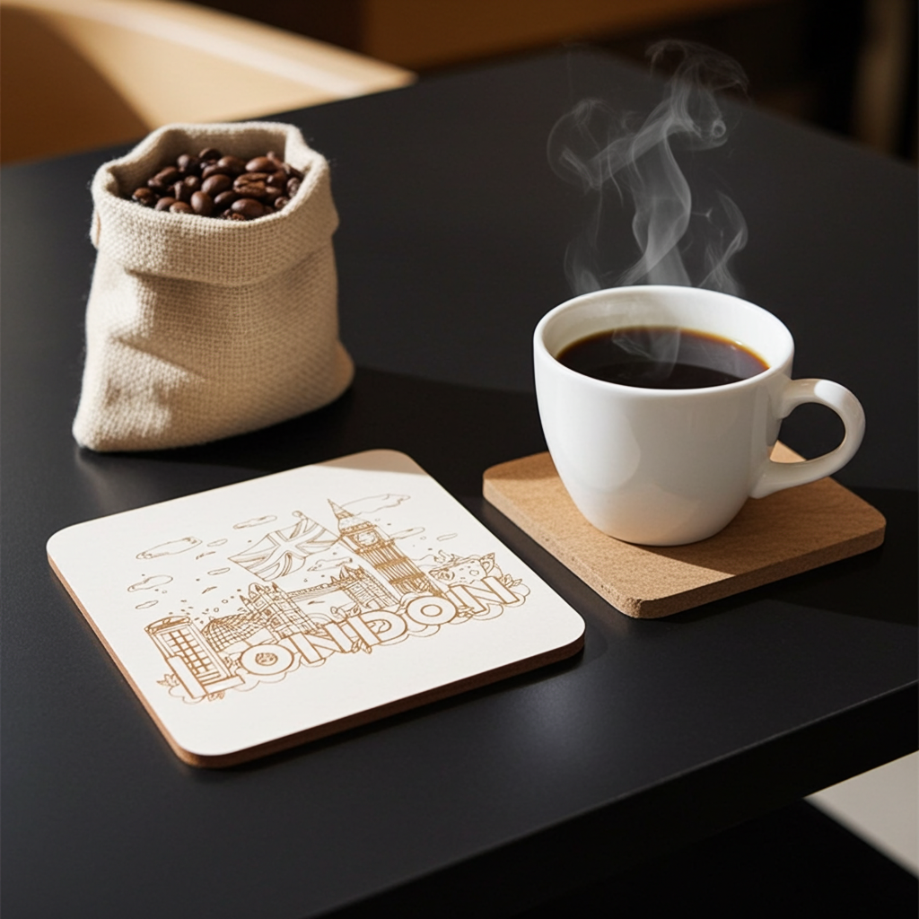 Set of 6 White Wood, Great Britain Theme Collection, Drink Coasters with Bumper Feet. 9.5CM X 9.5CM.