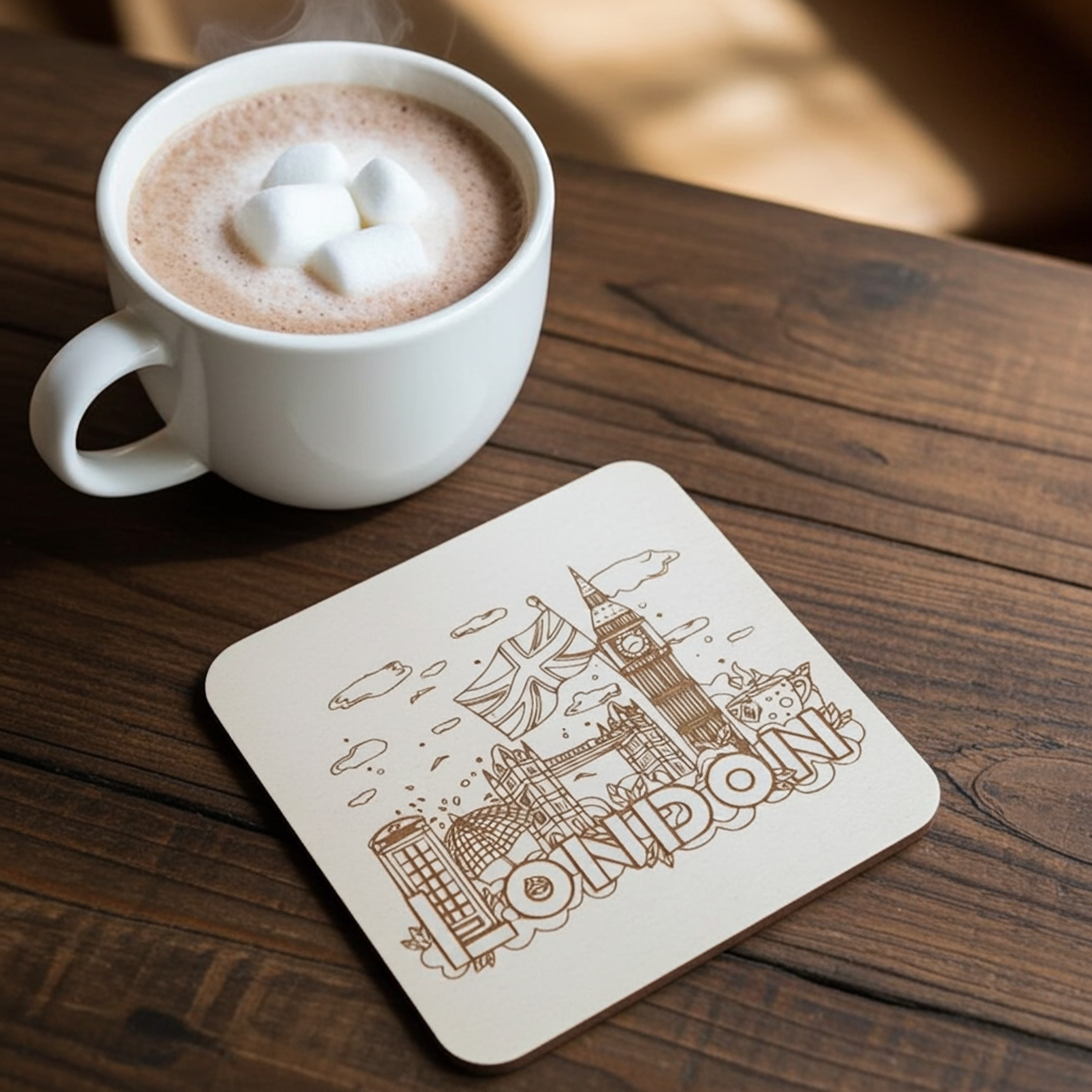 Set of 6 White Wood, Great Britain Theme Collection, Drink Coasters with Bumper Feet. 9.5CM X 9.5CM.