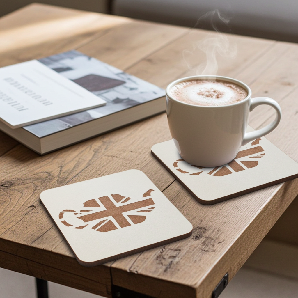 Set of 6 White Wood, Great Britain Theme Collection, Drink Coasters with Bumper Feet. 9.5CM X 9.5CM.