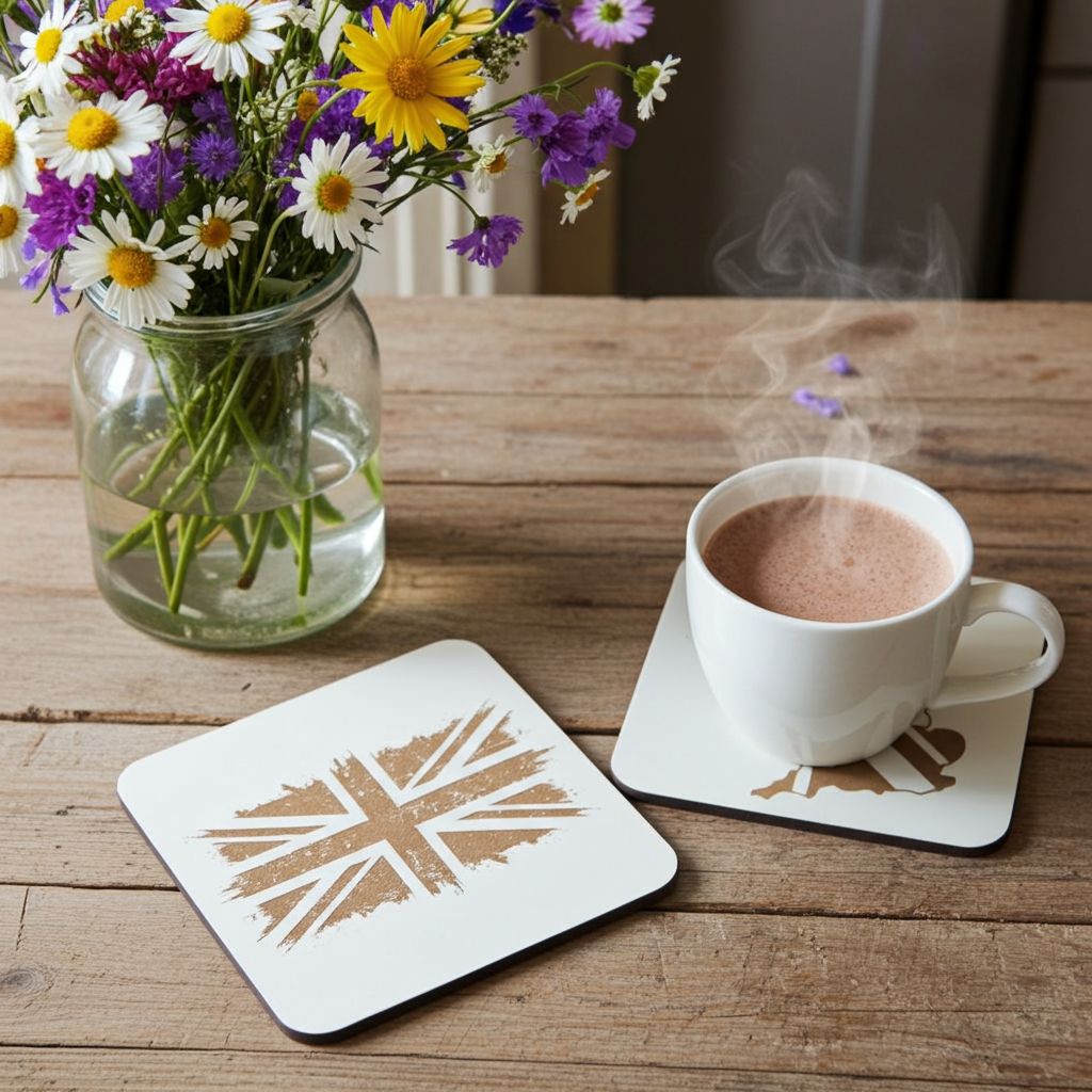 Set of 6 White Wood, Great Britain Theme Collection, Drink Coasters with Bumper Feet. 9.5CM X 9.5CM.