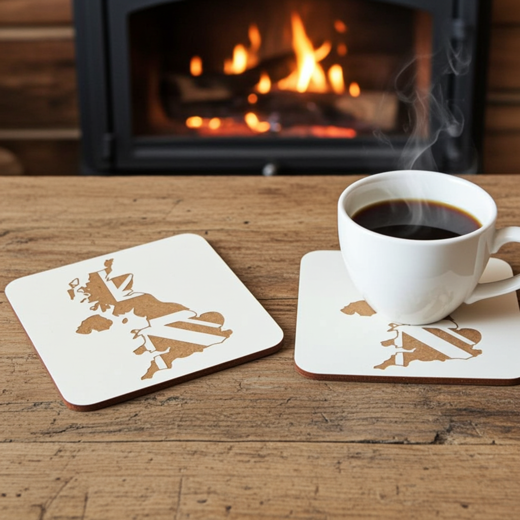 Set of 6 White Wood, Great Britain Theme Collection, Drink Coasters with Bumper Feet. 9.5CM X 9.5CM.
