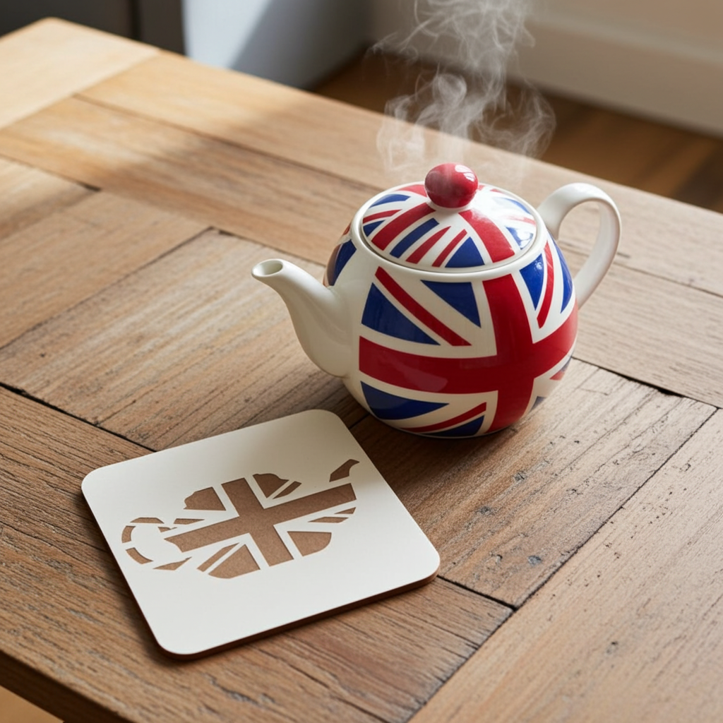 Set of 6 White Wood, Great Britain Theme Collection, Drink Coasters with Bumper Feet. 9.5CM X 9.5CM.
