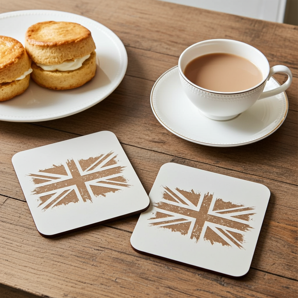 Set of 6 White Wood, Great Britain Theme Collection, Drink Coasters with Bumper Feet. 9.5CM X 9.5CM.