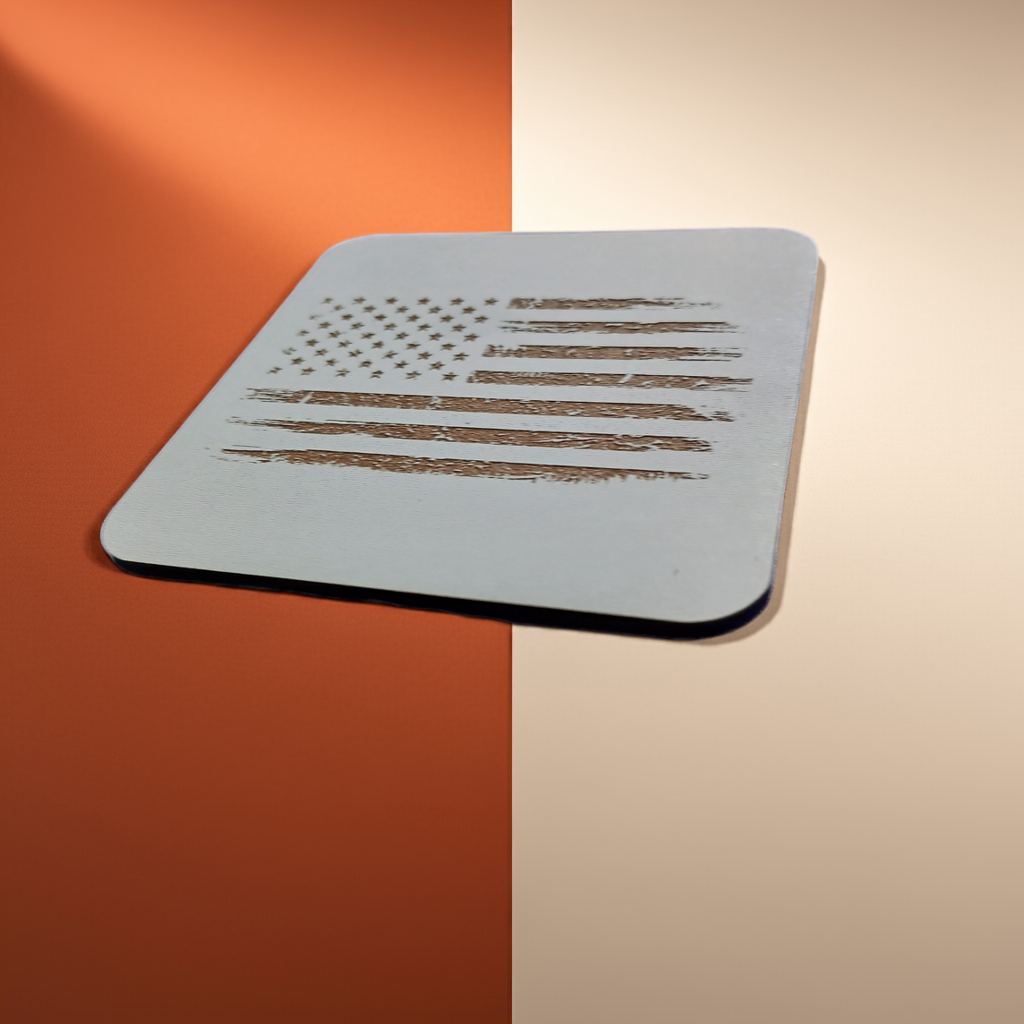 Set of 6 White, Topped Wood Drink coasters, Americana Theme Collection,  with Anti-Skid Feet, 9.5cm x 9.5cm, Rounded Corners.