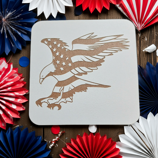 Set of 6 White, Topped Wood Drink coasters, Americana Theme Collection,  with Anti-Skid Feet, 9.5cm x 9.5cm, Rounded Corners.