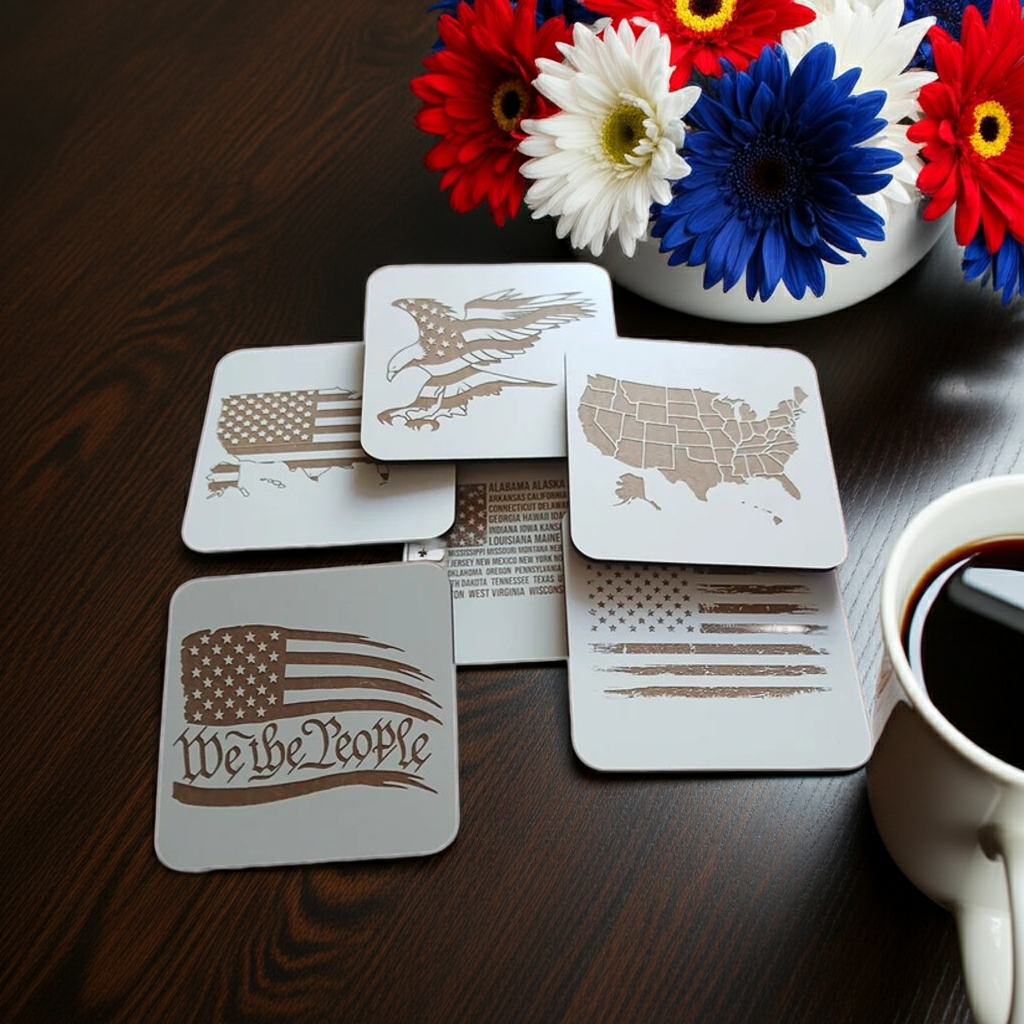 Set of 6 White, Topped Wood Drink coasters, Americana Theme Collection,  with Anti-Skid Feet, 9.5cm x 9.5cm, Rounded Corners.