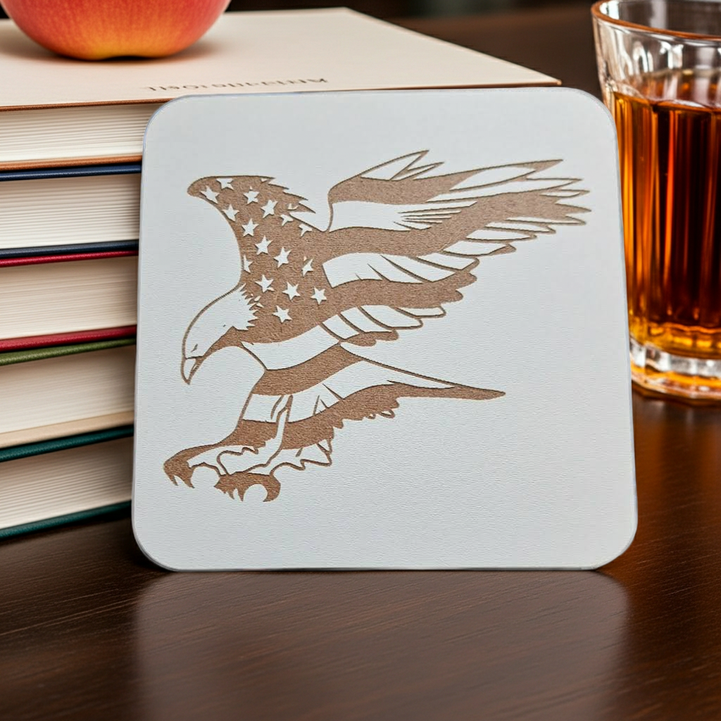Set of 6 White, Topped Wood Drink coasters, Americana Theme Collection,  with Anti-Skid Feet, 9.5cm x 9.5cm, Rounded Corners.
