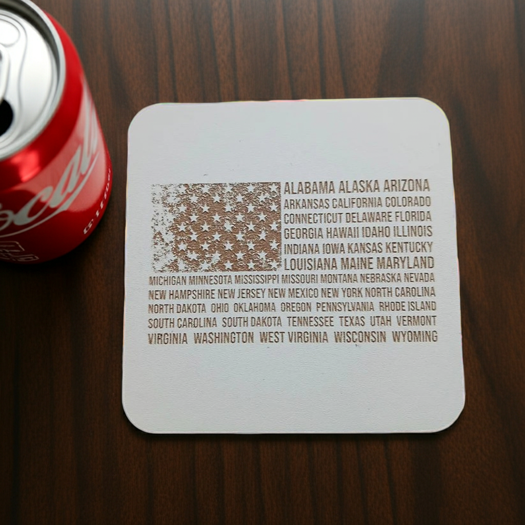 Set of 6 White, Topped Wood Drink coasters, Americana Theme Collection,  with Anti-Skid Feet, 9.5cm x 9.5cm, Rounded Corners.