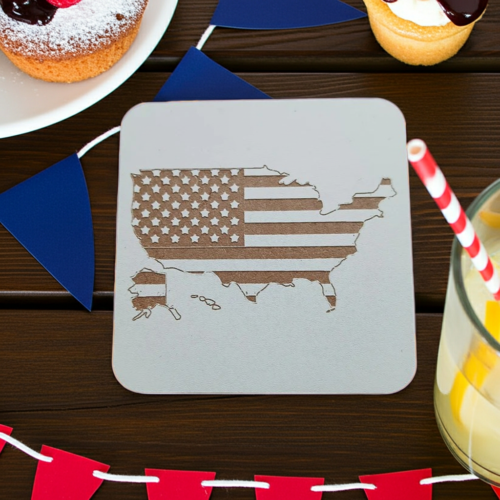 Set of 6 White, Topped Wood Drink coasters, Americana Theme Collection,  with Anti-Skid Feet, 9.5cm x 9.5cm, Rounded Corners.