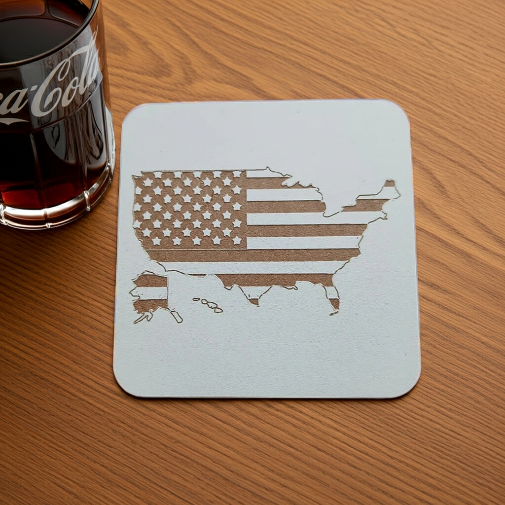 Set of 6 White, Topped Wood Drink coasters, Americana Theme Collection,  with Anti-Skid Feet, 9.5cm x 9.5cm, Rounded Corners.