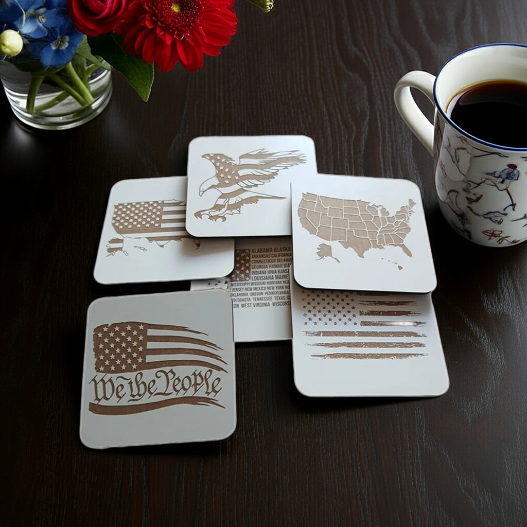 Set of 6 White, Topped Wood Drink coasters, Americana Theme Collection,  with Anti-Skid Feet, 9.5cm x 9.5cm, Rounded Corners.