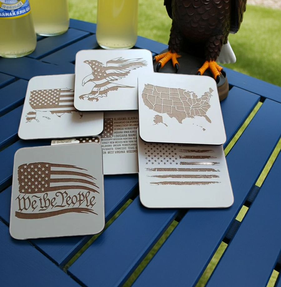 Set of 6 White, Topped Wood Drink coasters, Americana Theme Collection,  with Anti-Skid Feet, 9.5cm x 9.5cm, Rounded Corners.