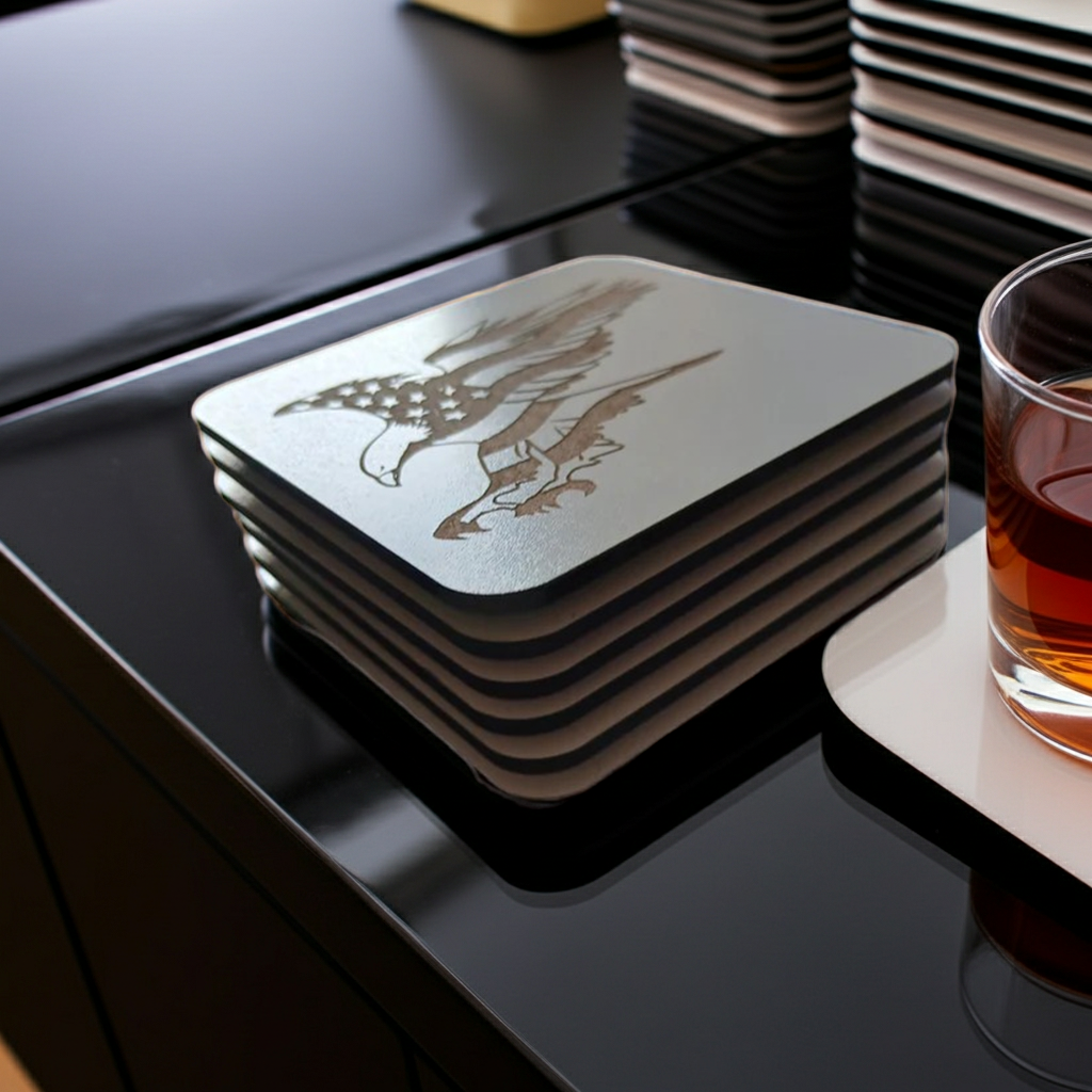 Set of 6 White, Topped Wood Drink coasters, Americana Theme Collection,  with Anti-Skid Feet, 9.5cm x 9.5cm, Rounded Corners.