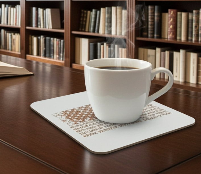 Set of 6 White, Topped Wood Drink coasters, Americana Theme Collection,  with Anti-Skid Feet, 9.5cm x 9.5cm, Rounded Corners.