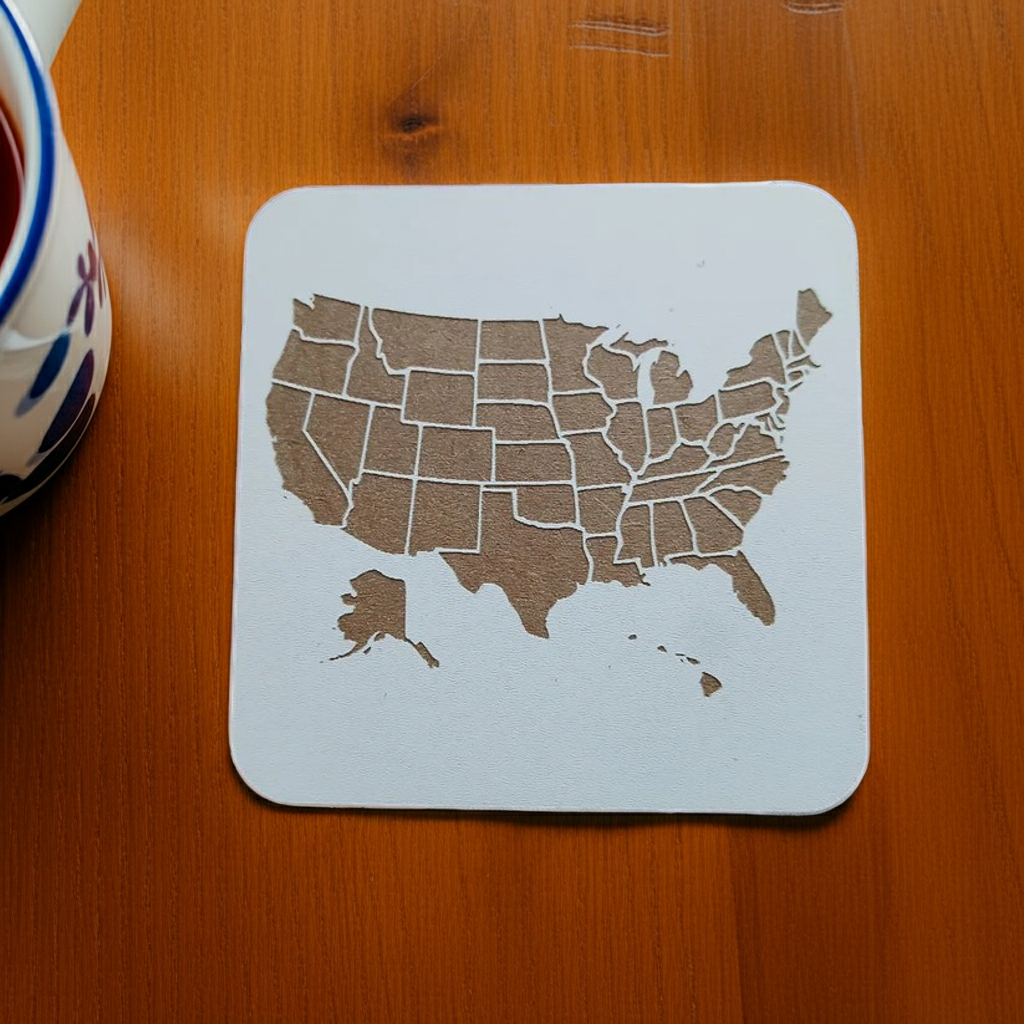 Set of 6 White, Topped Wood Drink coasters, Americana Theme Collection,  with Anti-Skid Feet, 9.5cm x 9.5cm, Rounded Corners.