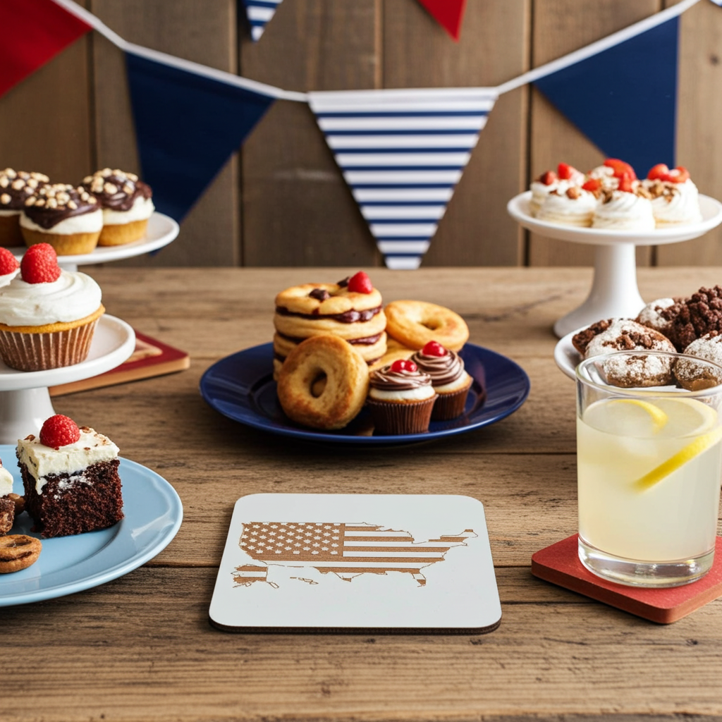 Set of 6 White, Topped Wood Drink coasters, Americana Theme Collection,  with Anti-Skid Feet, 9.5cm x 9.5cm, Rounded Corners.